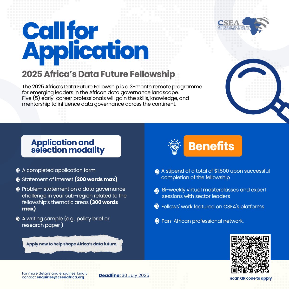 Applications Now Open: 2025 Africa’s Data Future Fellowship!
Are you an early-career professional passionate about data governance, tech policy, or AI innovation in Africa? Join a 3-month virtual fellowship designed to empower emerging leaders across the continent with the