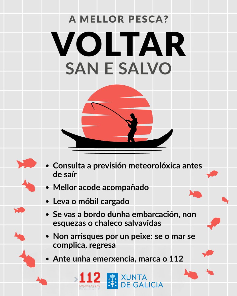 🎣 Gustaríache volver da pesca co cesto cheo... e sen sustos?

☁️ Consulta o tempo, non vaias só/a e leva sempre móbil cargado.

Por aquí uns conselliños que non sobran nunca 👇

#112Galicia