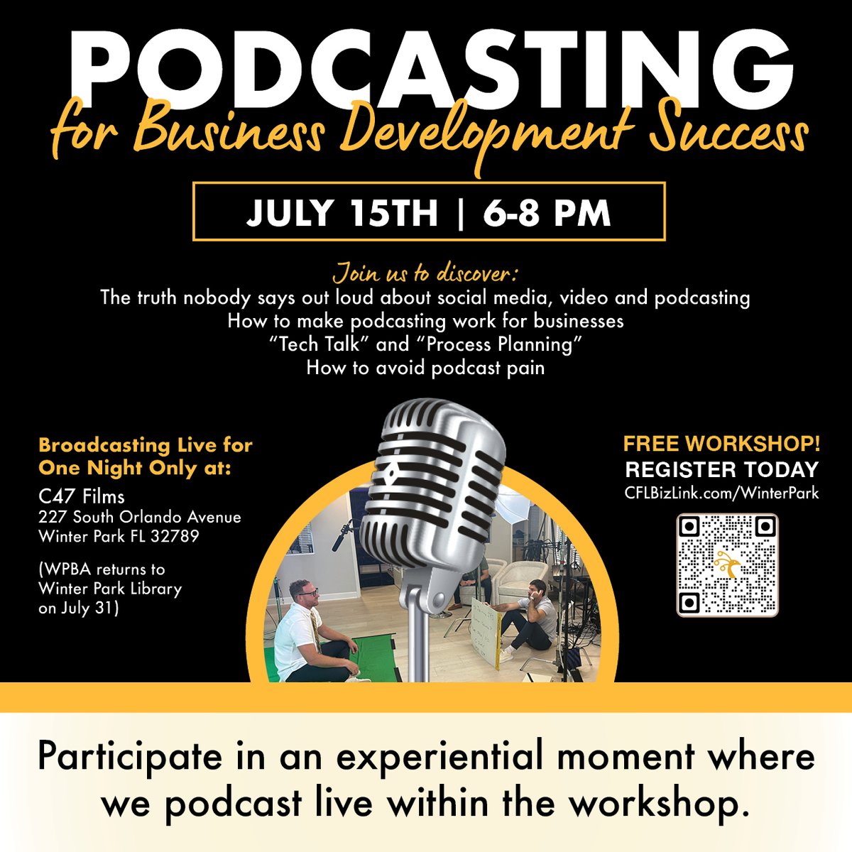 🎙️ Want to turn your voice into business growth?

Join us July 15, 6–8 PM for NEC/WPBA: Podcasting for Business Development Success — LIVE at Coastal Studios, Winter Park!
🎥 One night only! Powered by C47 Films
Spots are limited — don’t miss out!
cflbizlink.com/winterpark/