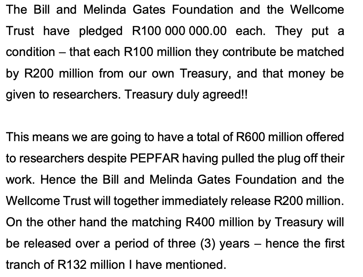 miamalan's tweet image. 4.  There's more for research: @gatesfoundation + @wellcometrust will each give R100-mil, but only if Treasury matches each R100-mil. Treasury did match it, so total = R600-mil. Gates +Wellcome will pay now; Treasury will pay R132 million now; the rest over a 3-year period.
