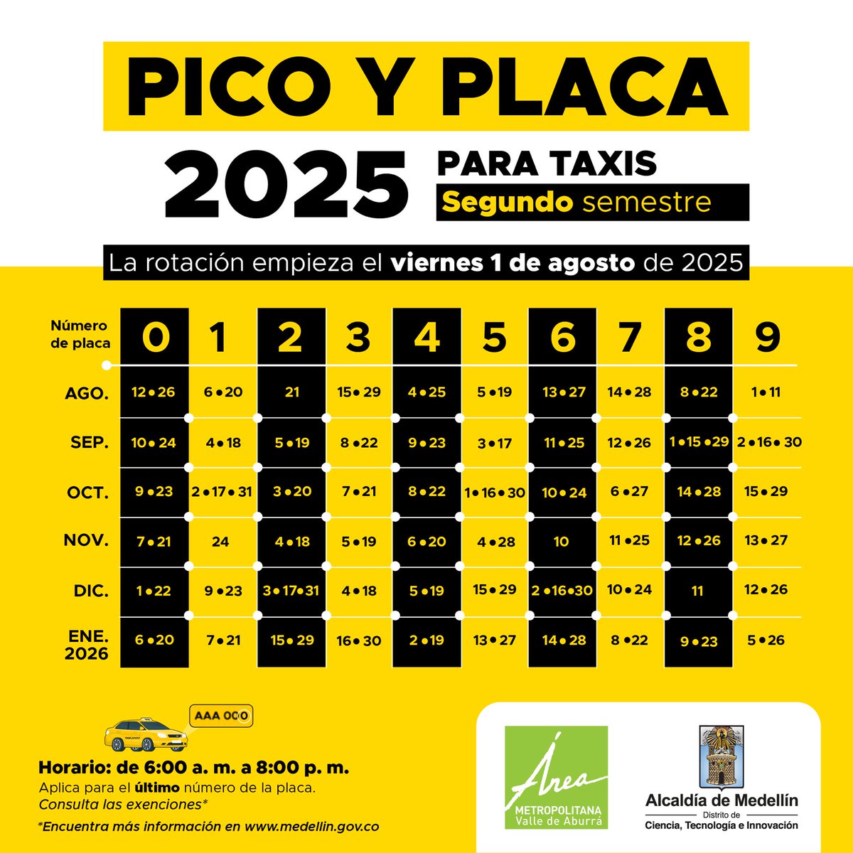 sttmed's tweet image. Esta es la rotación del Pico y Placa para el l segundo semestre del 2025.

Conoce también el mapa de las vías exentas 🗺️

🚘 Para carros y motos particulares: desde el lunes 4 de agosto.
🚕 Para taxis: a partir del viernes 1 de agosto.
🗓️ La primera semana será pedagógica.