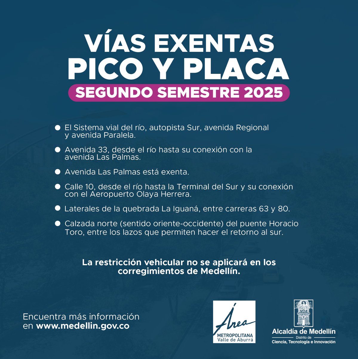 sttmed's tweet image. Esta es la rotación del Pico y Placa para el l segundo semestre del 2025.

Conoce también el mapa de las vías exentas 🗺️

🚘 Para carros y motos particulares: desde el lunes 4 de agosto.
🚕 Para taxis: a partir del viernes 1 de agosto.
🗓️ La primera semana será pedagógica.