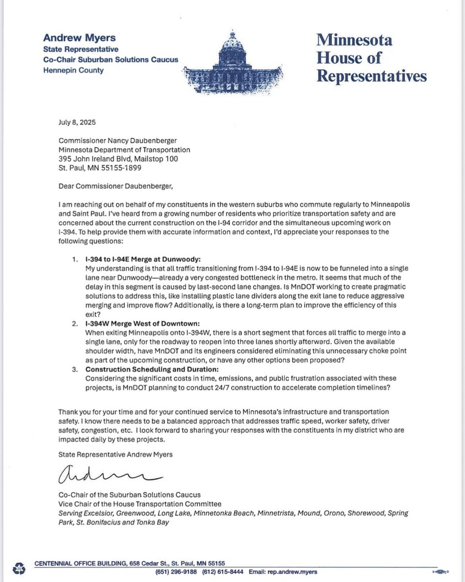 MyersVote's tweet image. My public service is about reducing political gridlock at the @mncapitol, but also clearing gridlock on our roads, Including 394 and 94. I sent a letter to @MnDOT Commissioner asking for details and solutions to make your commute easier and safer. #YourBackyard #listening #mnleg