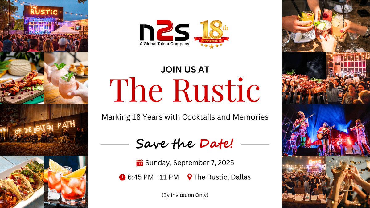 n2s_global's tweet photo. We're turning 18! π Join us at The Rustic, Dallas for a night of cocktails, live music, great food, and unforgettable memories.
π
Sept 7, 2025
π‘ 6:45 PM β 11 PM
π The Rustic, Dallas
(By Invitation Only)
\#N2S18Years #AnniversaryCelebration #TheRustic https://t.co/OplcgrPtpe