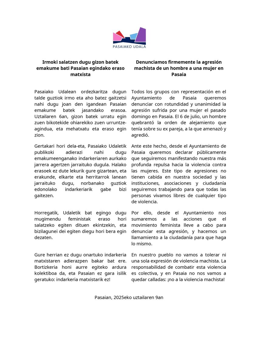 🟣✋🏽 Irmoki salatzen dugu gizon batek emakume bati Pasaian egindako eraso matxista.

Gure herrian ez dugu onartuko indarkeria matxistaren adierazpen bakar bat ere. Bortizkeria honi aurre egiteko ardura kolektiboa da, eta Pasaian ez gara isilik geratuko: indarkeria matxistarik ez!