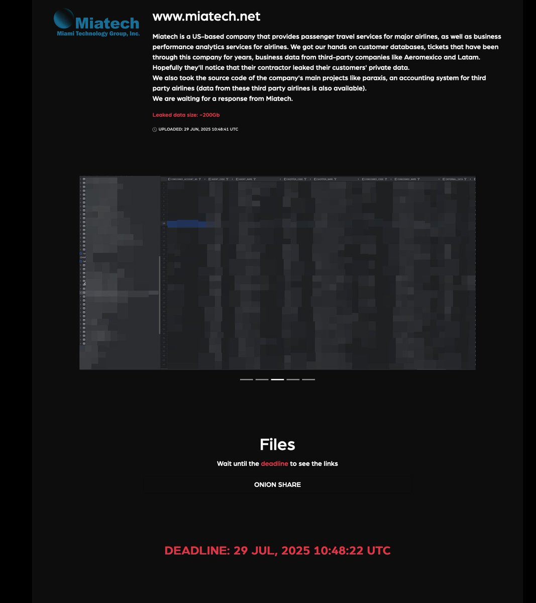 _venarixES_'s tweet photo. 🚨✈️ El grupo #Blackout #ransomware afirma haber #hackeado a #Miatech (https://t.co/pQ57ExByJl), con sede en #USA 🇺🇸 y oficinas en #Mexico 🇲🇽 y #Peru 🇵🇪, se especializa en soluciones de #software para la industria aérea a nivel 🌎...
🚩Se evidencia info sensible de pasajeros 🚩
@Aeromexico 
@LATAMAirlines 
@airfrance 
@KLM 
@ConsolidMEX 
@SKYAirline_CL 
@RavnAlaska 
Más ℹ️ registrate gratis en #VenariX ➡️ https://t.co/OW9Te2XdwS
#CyberAttack #ciberataque #airlines #infosec #CyberSecurityAwareness #Lima #CDMX #Miami
