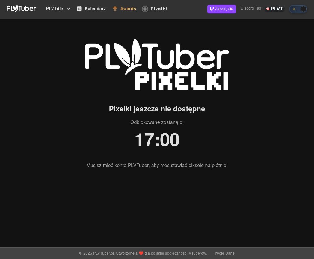 plvtuberpl's tweet image. Witamy! 👋

Dziś jest dzień, w którym startuje nasz pierwszy tryb ograniczony czasowo!

PLVTuber Pixelki😀

Zabawa polega na tworzeniu wspólnie ściany z pixel artami :) 
Pixele odnawiają się z czasem, w którym jesteśmy na stronie, i skalują się z ogólną ilością osób na płótnie.…