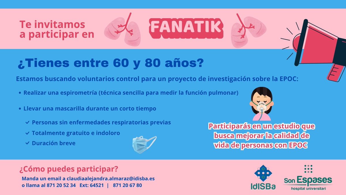 IdISBa (@idisbaib) on Twitter photo 🔬 Cercam voluntaris sans (60-80 anys) per participar a l’estudi FANATIK sobre #EPOC, impulsat pels grups
i-Respire i <a href="/MSepsisGroup/">Multidisciplinary Sepsis Group</a> de l'IdISBa
🧪 Prova senzilla i curta
💌 Tota la informació a continuació
#SomInvestigació #SomSalut #IdISBa 🔬 Cercam voluntaris sans (60-80 anys) per participar a l’estudi FANATIK sobre #EPOC, impulsat pels grups
i-Respire i <a href="/MSepsisGroup/">Multidisciplinary Sepsis Group</a> de l'IdISBa
🧪 Prova senzilla i curta
💌 Tota la informació a continuació
#SomInvestigació #SomSalut #IdISBa