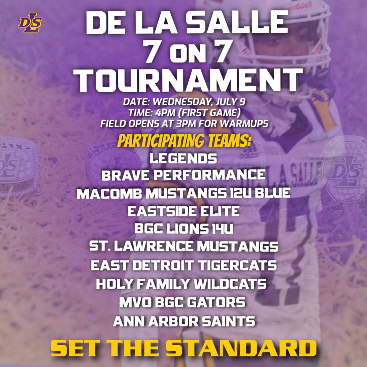 DLSPilots's tweet image. Come out to watch the best young talent compete in the DLS 7 on 7 Tournament this afternoon at St. John Baptist de La Salle Stadium!
Games begin at 4PM, today, July 9! See you there!
#SetTheStandard
#PilotPride