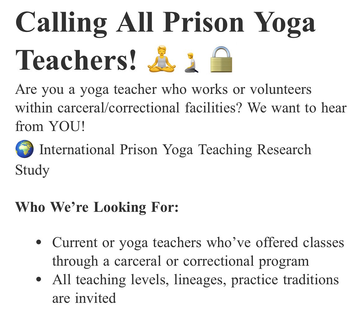 Calling all prison yoga teachers to participate in a study! Link njcu.co1.qualtrics.com/jfe/form/SV_0G…