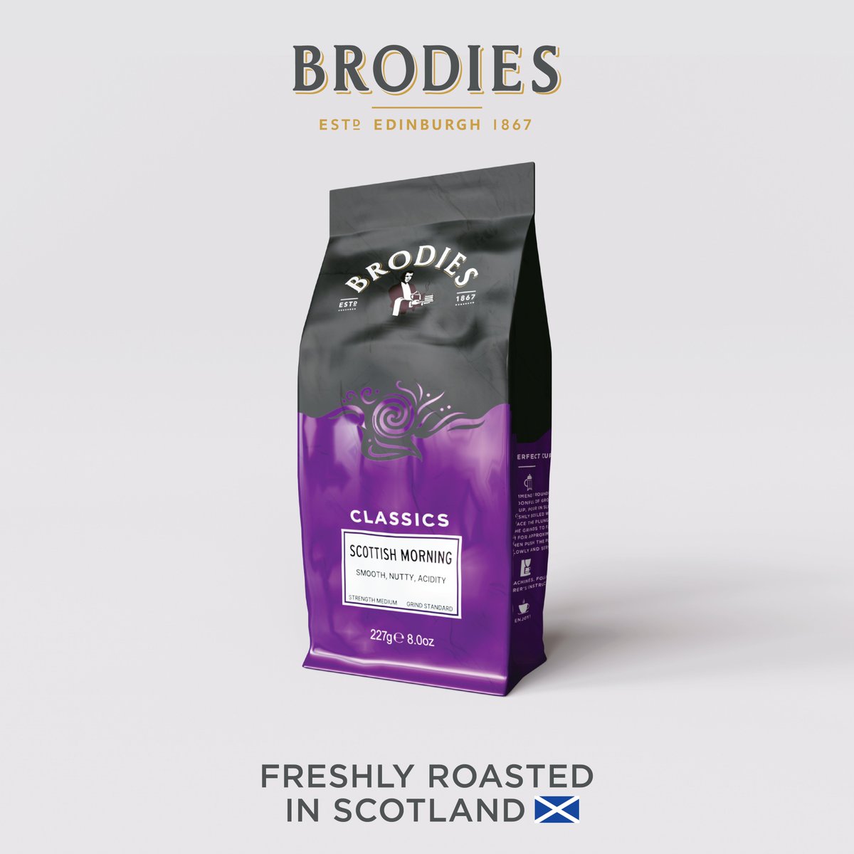 Wake up to the finest small batch coffee with Brodies Scottish Morning coffee, freshly roasted in Scotland.

This well-balanced blend delivers mild acidity and a clean finish, making it a firm favourite for getting your day off to a great start.

Now available in stores near you!