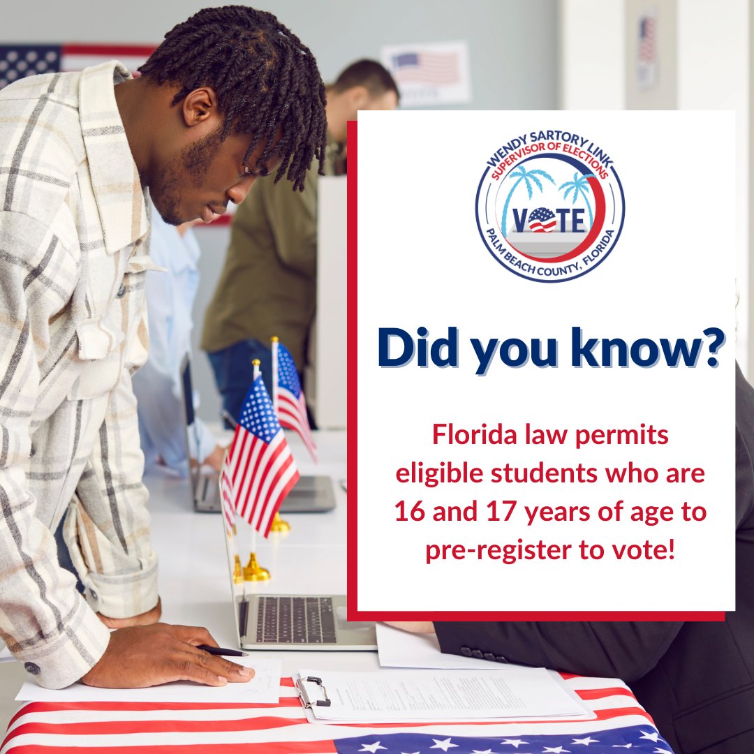 ✨Did you know you can pre-register to vote as early as the age of 16 years old? If you are interested in pre-registering to vote, please visit our website VotePalmBeach.gov

✨¿Sabías que puedes preinscribirte para votar a partir de los 16 años? Si está interesado en