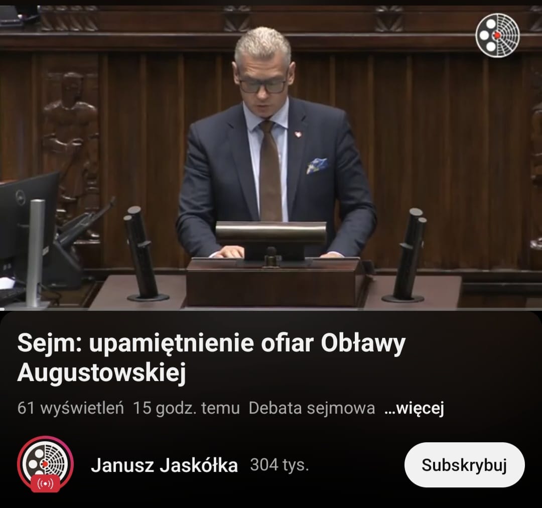 8.07.2025 r. w <a href="/KancelariaSejmu/">Sejm RP🇵🇱</a>
podczas 38. posiedzenia Sejmu X kadencji procedowano m.in. projekt uchwały w sprawie upamiętnienia ofiar #ObławaAugustowska w 80. rocznicę zbrodni. Uchwała ma zostać przyjęta przez aklamację. Video z obrad: