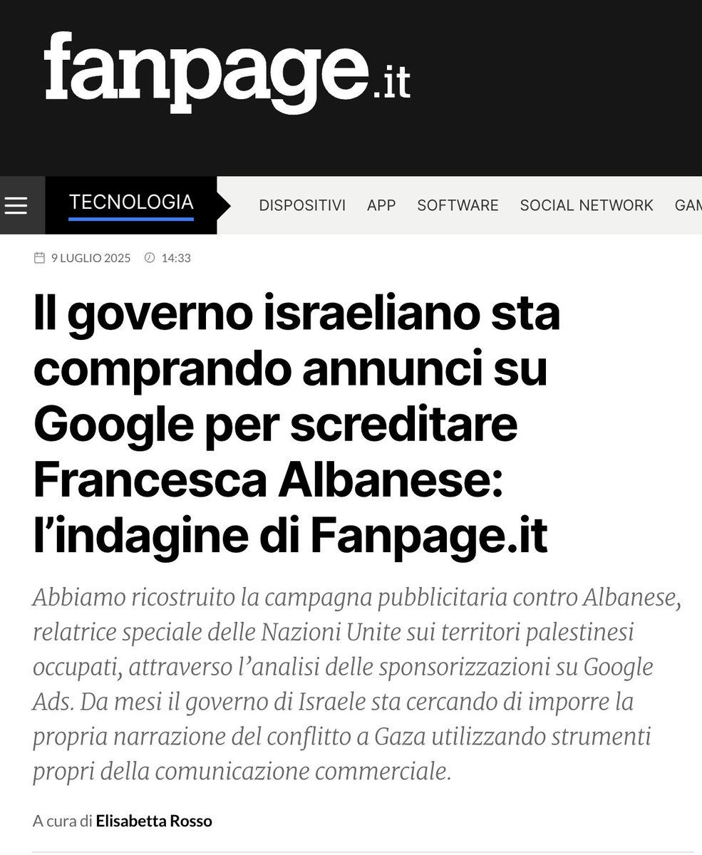 Francesco Cancellato (@fcancellato) on Twitter photo Delegittimare chi si mette di traverso.
Pagare per imporre una narrazione distorta.
Nascondersi dietro un dito. 
Ecco quel che ha fatto #Israele con Francesca #Albanese. 
L'ennesima botta alla democrazia, ma ormai quasi nemmeno ci si fa più caso
fanpage.it/innovazione/te… Delegittimare chi si mette di traverso.
Pagare per imporre una narrazione distorta.
Nascondersi dietro un dito. 
Ecco quel che ha fatto #Israele con Francesca #Albanese. 
L'ennesima botta alla democrazia, ma ormai quasi nemmeno ci si fa più caso
fanpage.it/innovazione/te…
