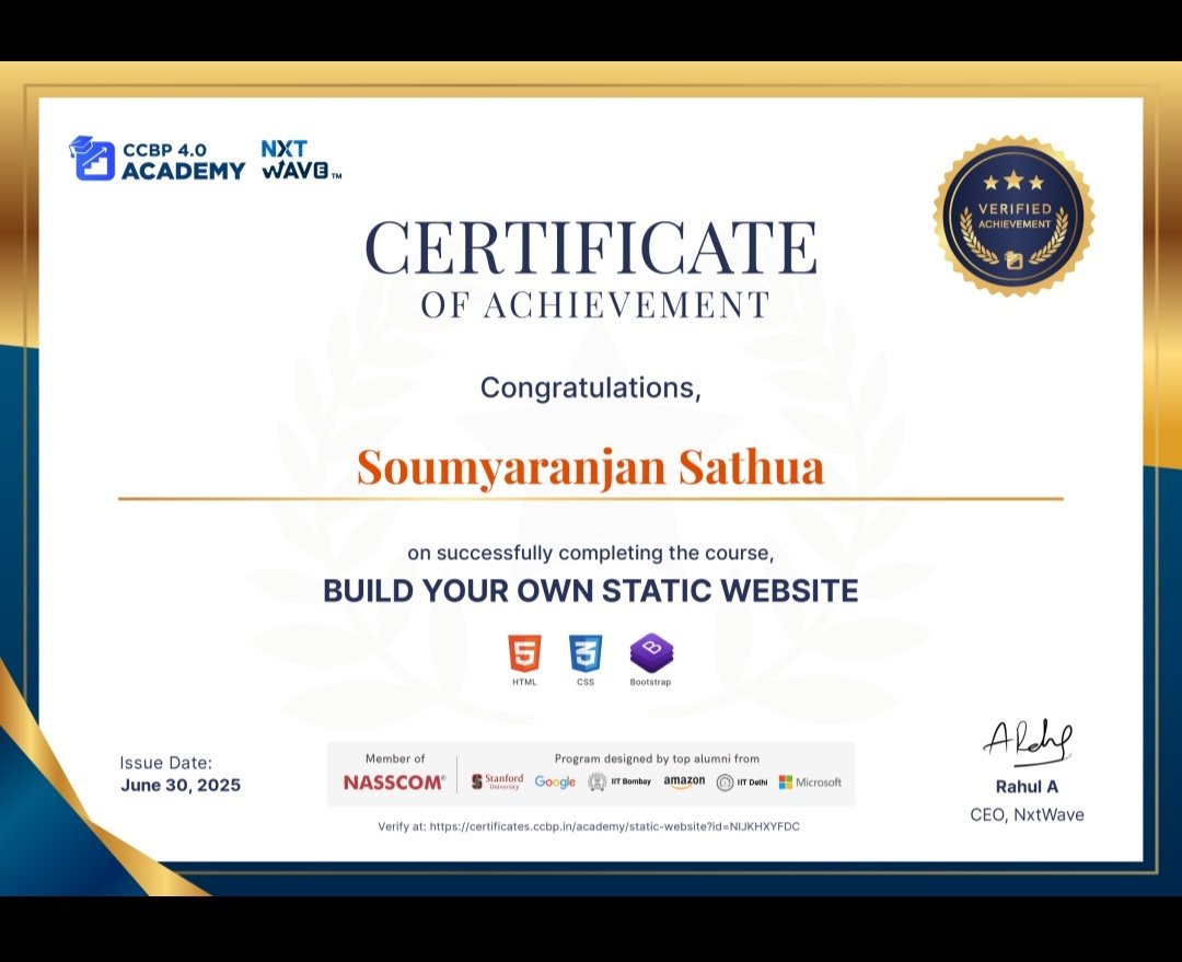 Soumyaranj39482's tweet image. Feeling super proud 😄
Successfully completed my Build Your Own Static Website course from NxtWave CCBP 4.0 Academy.
Ready to create awesome websites now..
#CodingSuccess #NxtWave #WebDevelopment #Bootstrap