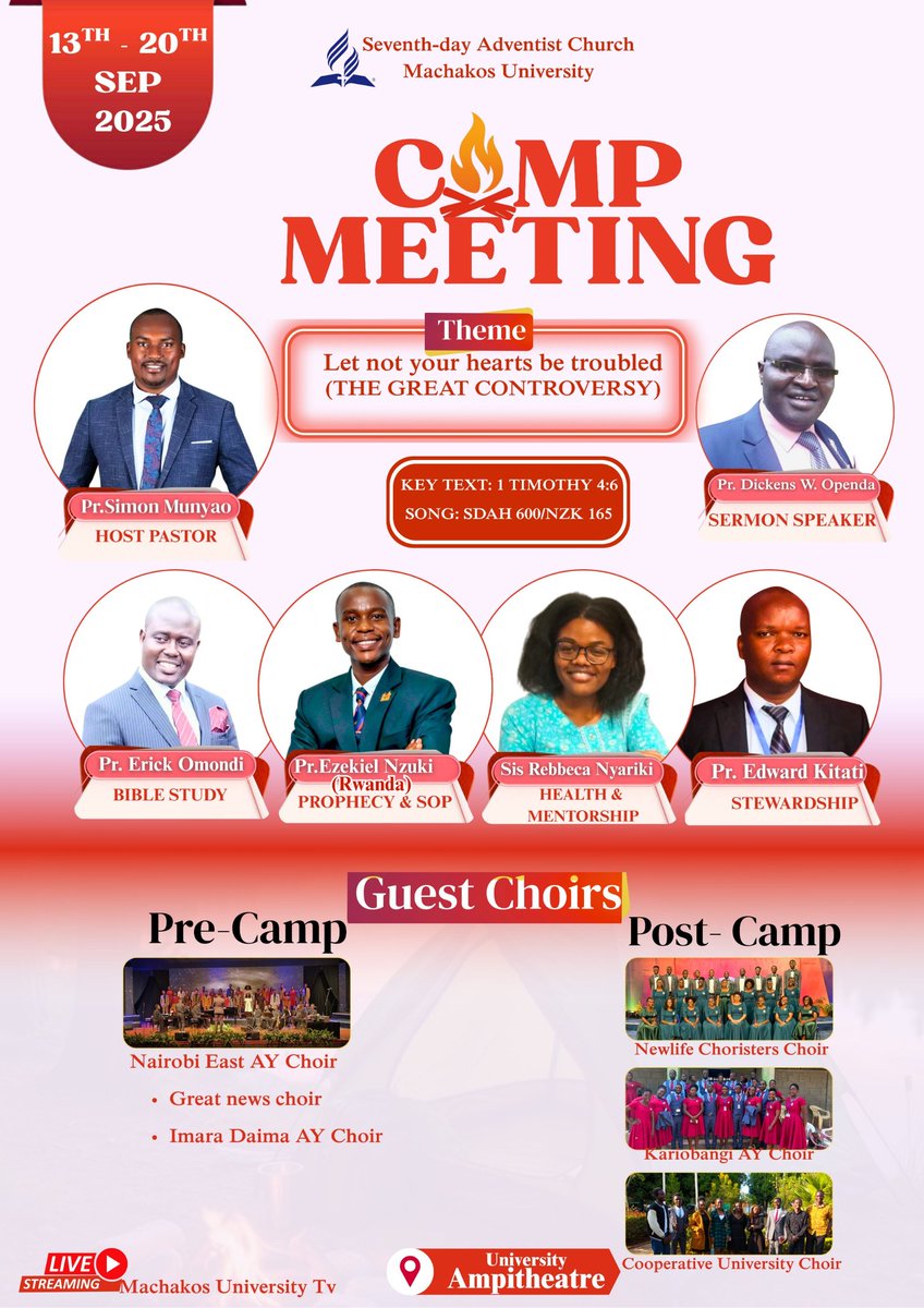 MKSUSDA's tweet photo. Set your tents, begin your meetings, then advertise; and more will be accomplished. The truth spoken by the living preacher will have greater influence than.
..

#Campmeeting2025 #SDAMachakosUniversityTv https://t.co/NPzpsAwDAa