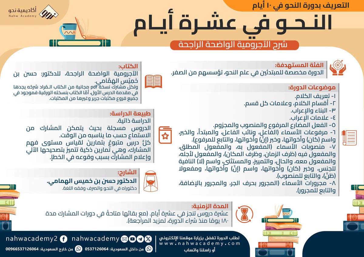 NahwAcademy's tweet image. 📚 دورة جعلت النحو سهلًا يسيرًا لأكثر من ربع مليون طالب وطالبة على مدى تسع سنوات ماضية.
✅ بإمكانك التسجيل والاستفادة من خلال هذا الرابط:
nahwacademy.com
📌 طريقة التسجيل والدراسة في المثبتة.