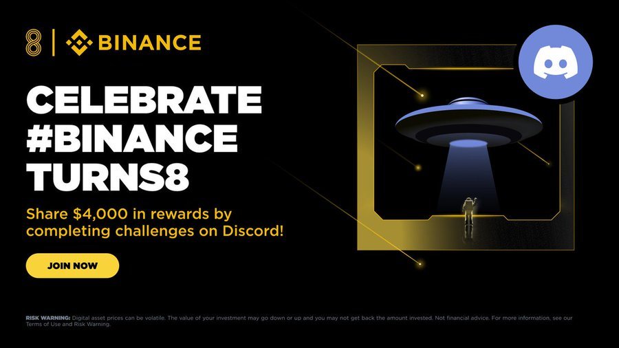 ApolloKopann's tweet photo. Celebrate #BinanceTurns8 with 8 days of Discord challenges and exciting rewards: https://t.co/0qVv69SxWb https://t.co/XBEFnJmq2n