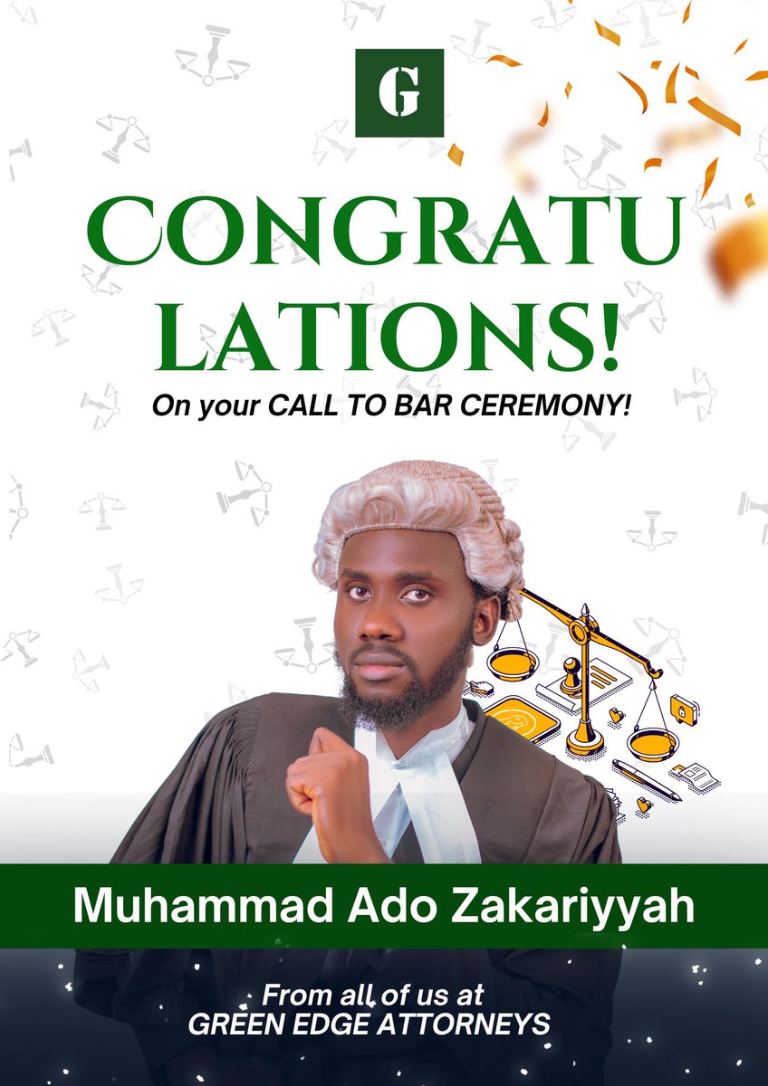 Greenedge1's tweet photo. 🎉 Congratulations, Barr. Muhammad Ado Zakariyyah! ⚖️

A new chapter begins! 🌟
We at Green Edge Attorneys celebrate your successful Call to Bar , a proud moment and a powerful milestone.

Welcome to the Bar! 👨🏽‍⚖️

#CallToBar2025 #GreenEdgeAttorneys #YoungLawyer #LegalProfession https://t.co/RTh0D0aGsM