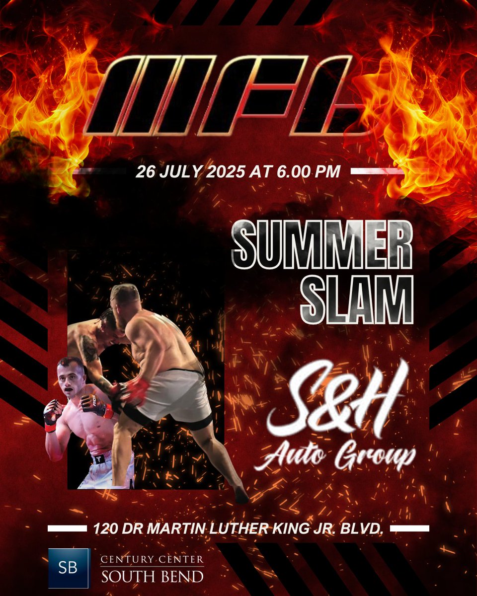 MFL 57: Summer Slam is coming to the Century Center on July 26th!

Visit MFL57.com to purchase your tickets and guarantee yourself a fun night of live mixed martial arts fighting. Tickets start at $50. 

Doors open at 5:00 PM
Fights start at 6:00 PM