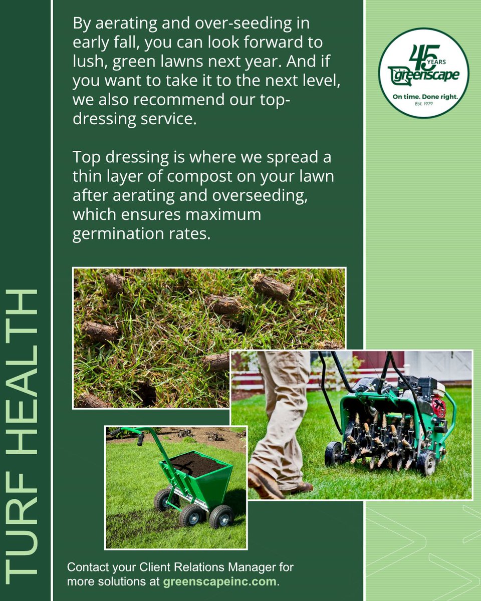 Early fall is the perfect time to aerate and overseed your commercial property for lush, vibrant turf come spring. Reach out to your Client Relations Manager to start planning: greenscapeinc.com

#Greenscape #DurhamNC #RaleighNC #CharlotteNC #HollySprings