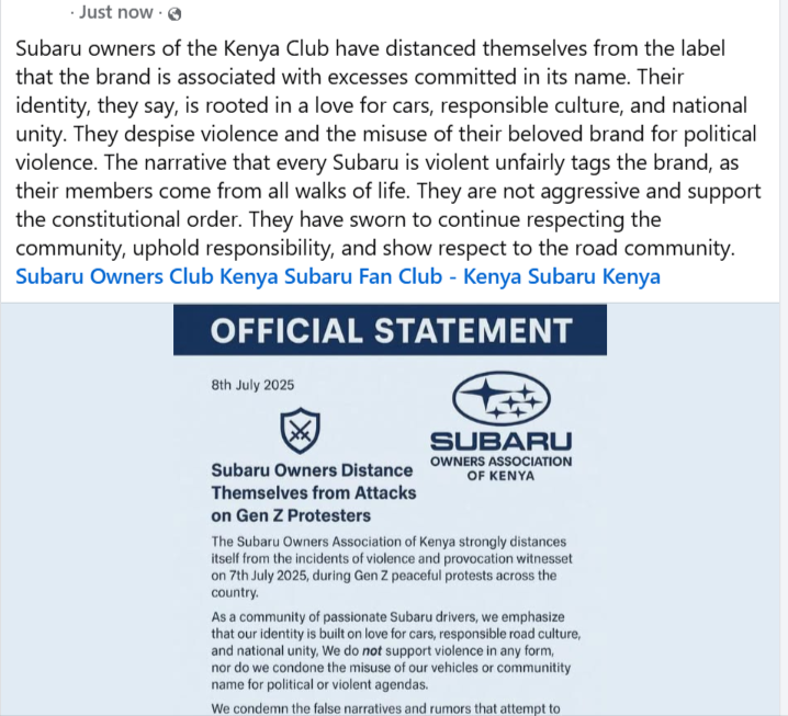 Subaru owners of Kenya have distanced themselves from the label that the brand is associated with excesses committed in its name. Love for cars, responsible culture, and national unity is our "mantra"
Trends President William Ruto
Githurai Rigathi Gachagua
#TuesdayMAANDAMANO