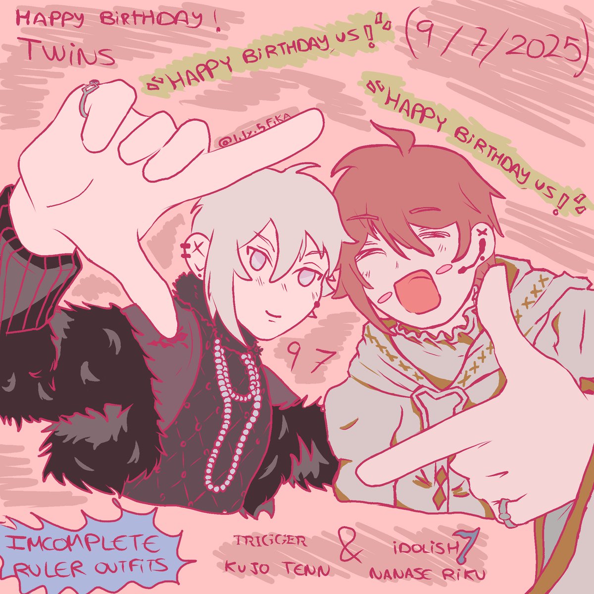 Lily5Fika's tweet photo. Happy Birthday Riku, Tenn!! I love so much my twins and thanks !!!
(I used a Pinterest template for a quick drawing)
#七瀬陸誕生祭2025
#九条天誕生祭2025
#九条天生誕祭2025
#七瀬陸生誕祭2025
#idolish7 #trigger #revale #zool
#ANIMEART #novel #ainana #idolgame https://t.co/7iznRBhp9T