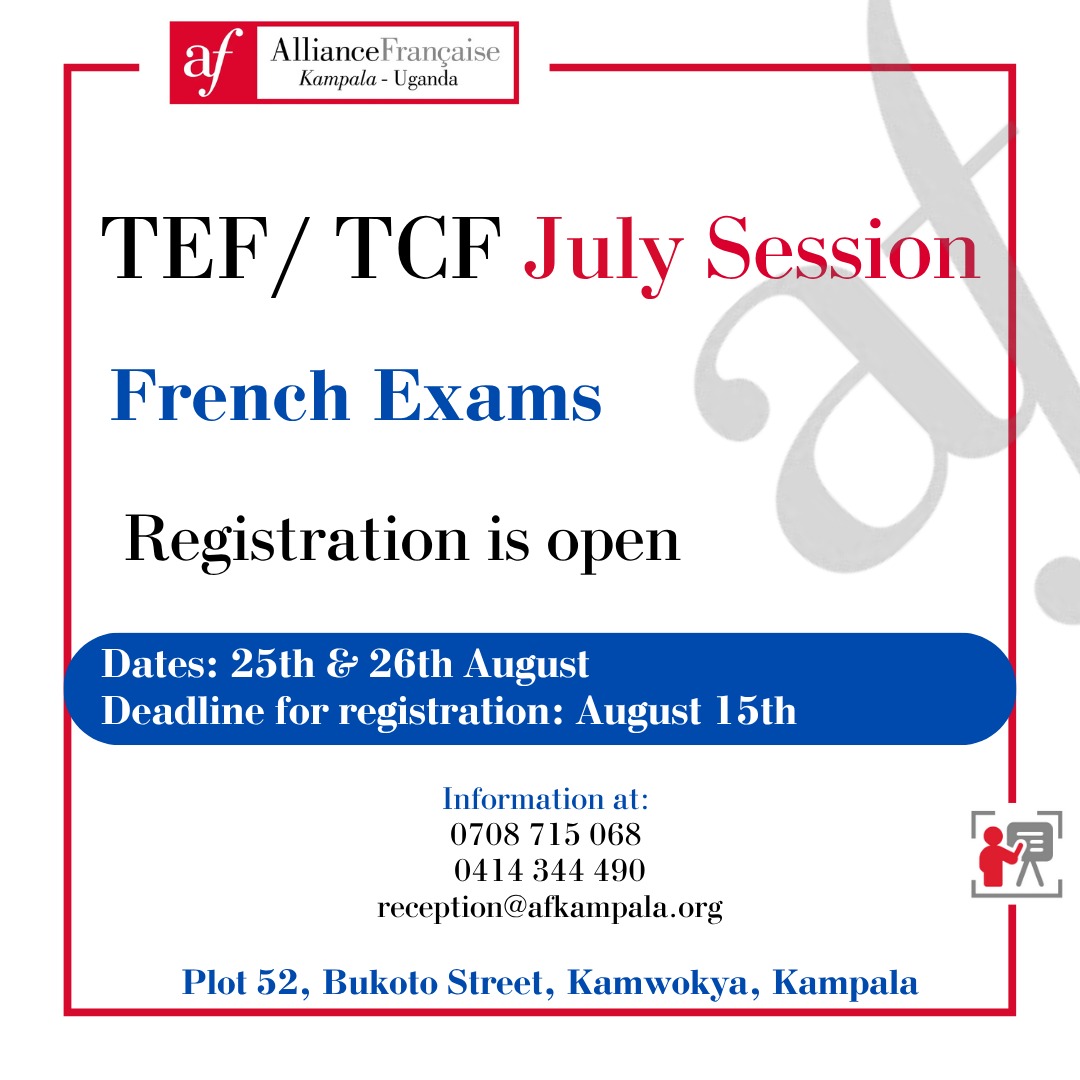 Alliance Française Kampala (@afkampala) on Twitter photo Would you like to travel or live in Canada or Quebec? The TEF or TCF certificate is for you. Book your French language exam with us this month.
📞Contact us for more information: 📱+256 (0) 708 715068 or 📧Email: reception@afkampala.org Would you like to travel or live in Canada or Quebec? The TEF or TCF certificate is for you. Book your French language exam with us this month.
📞Contact us for more information: 📱+256 (0) 708 715068 or 📧Email: reception@afkampala.org
