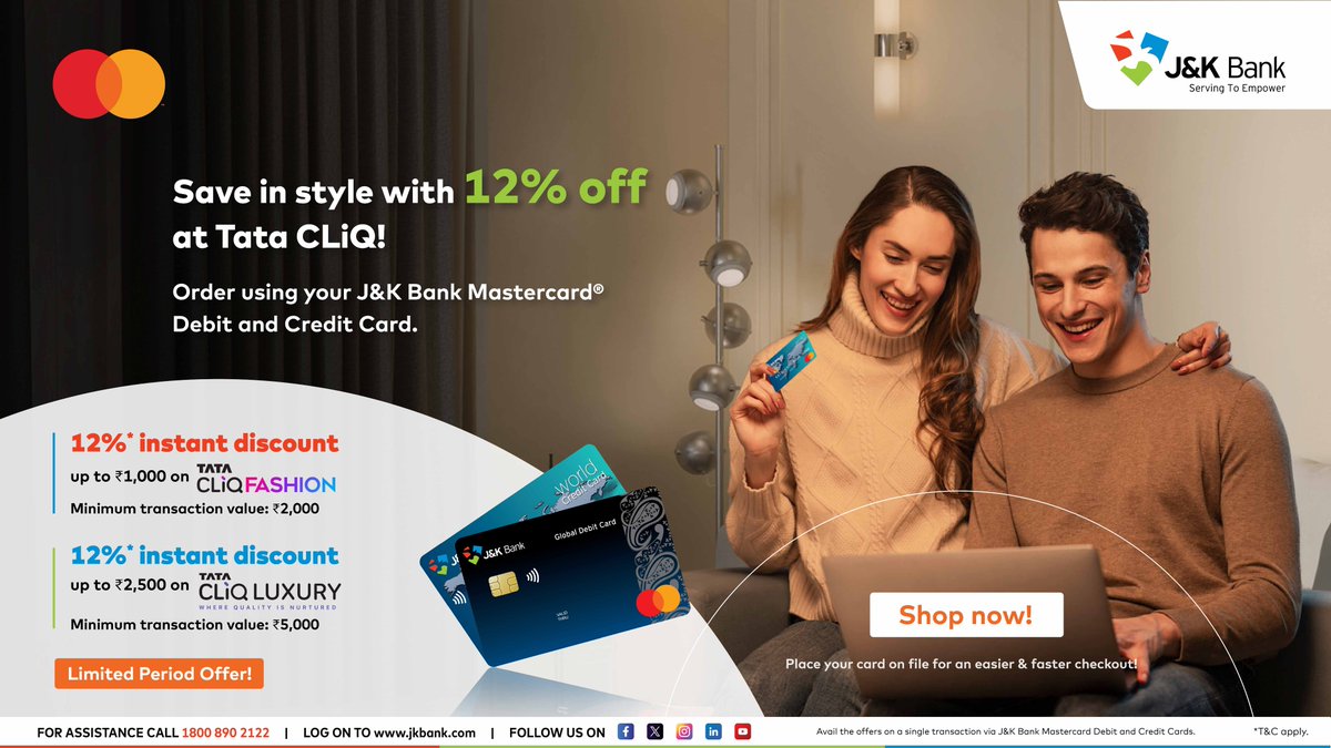 Your card just upgraded your shopping spree.

Enjoy 12% instant discount* at Tata CLiQ using your J&amp;K Bank Debit or Credit Card.

Fashion: Up to ₹1,000 off (min. spend ₹2,000)

Luxury: Up to ₹2,500 off (min. spend ₹5,000)

Limited period offer. 

T&amp;Cs apply.

#JKBank