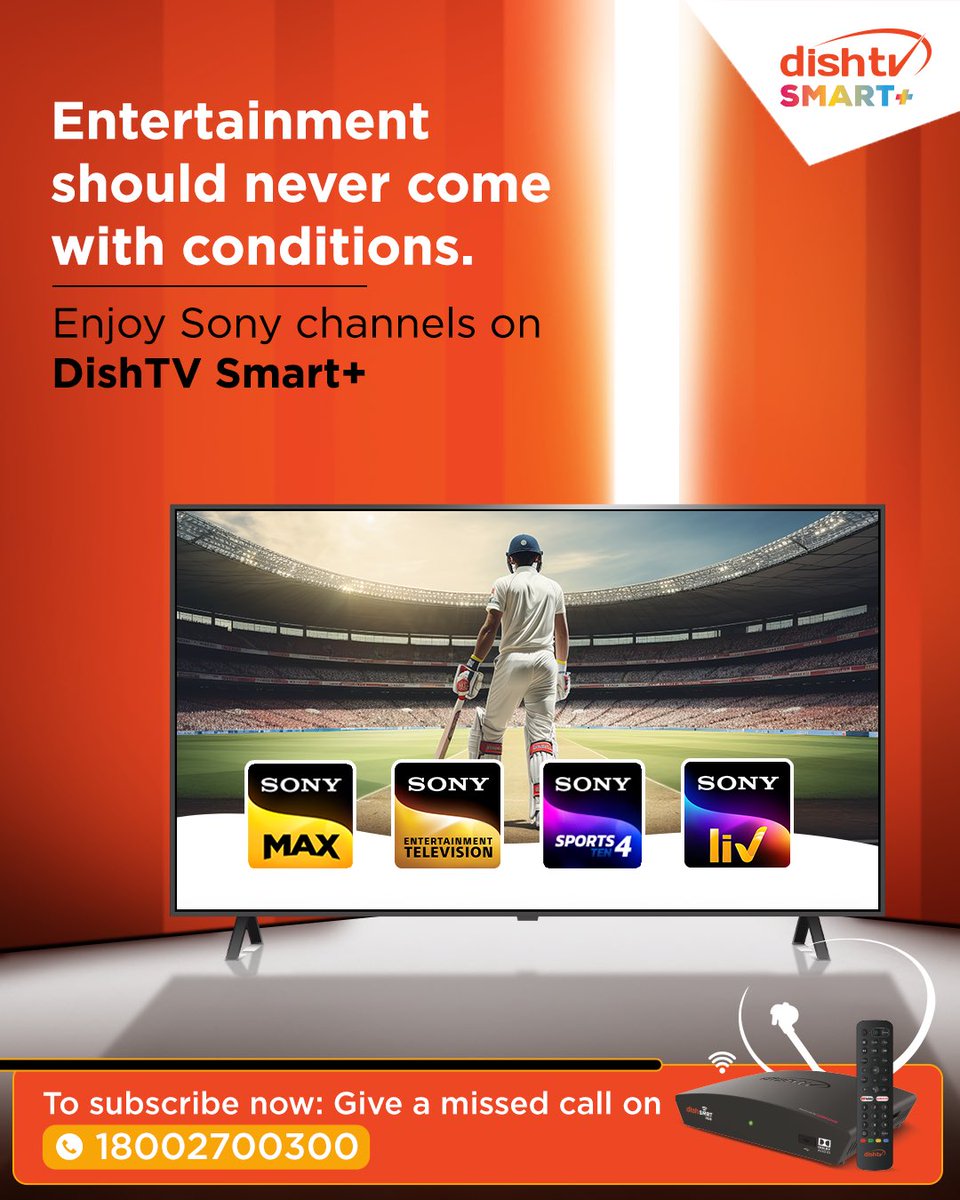 DishTV_India's tweet photo. Entertainment without limits? Yes, please!
Watch your favourite Sony channels like Sony MAX, SET, Sony Sports Ten 4, and Sony LIV all on DishTV Smart+.
Because good entertainment should never come with conditions.
#DishTVSmartPlus #SonyChannels #UninterruptedEntertainment https://t.co/psLYROM4Vr