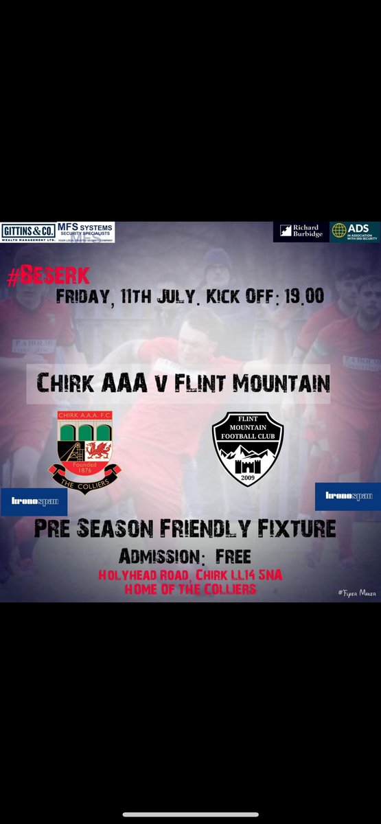 CHIRK A.A.A. FC (@chirkaaafc) on Twitter photo Our Pre Season continues this Friday evening as we welcome <a href="/Flint_Mountain/">Flint Mountain Football Club</a> too Holyhead Rd with a 19:00 kick off. #beserk Our Pre Season continues this Friday evening as we welcome <a href="/Flint_Mountain/">Flint Mountain Football Club</a> too Holyhead Rd with a 19:00 kick off. #beserk