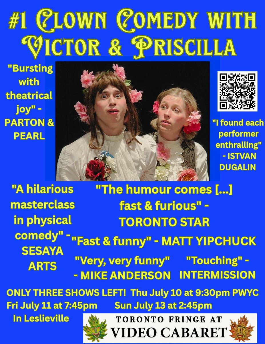 TheatreUnspoken's tweet image. Love #mirvish ? Check out more theatre at #Toronto Fringe til Sun July 13! 106 shows including critically acclaimed silly Victorian drag #1 Clown Comedy with Victor &amp;amp; Priscilla three final shows! fringetoronto.com/fringe/show/1-…
#comedyto
#fringeto
#Toronto
#yyz