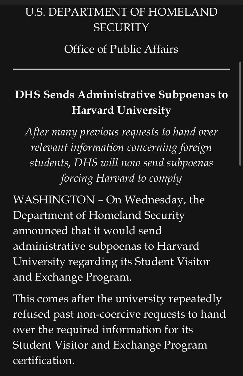 ElizLanders's tweet image. Dept of Homeland Security says they are sending Harvard administrative subpoenas to turn over info about foreign students.