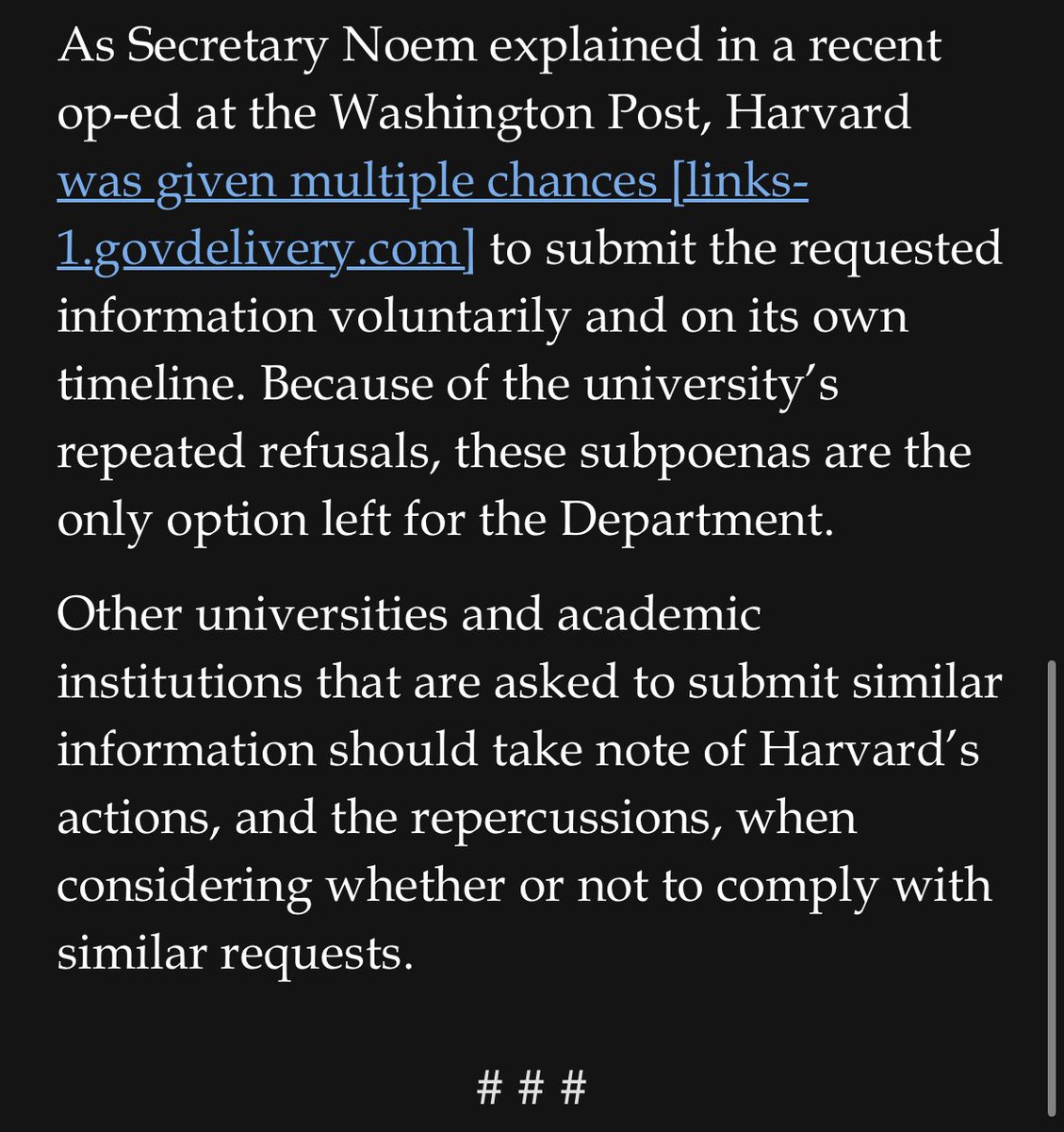 ElizLanders's tweet image. Dept of Homeland Security says they are sending Harvard administrative subpoenas to turn over info about foreign students.
