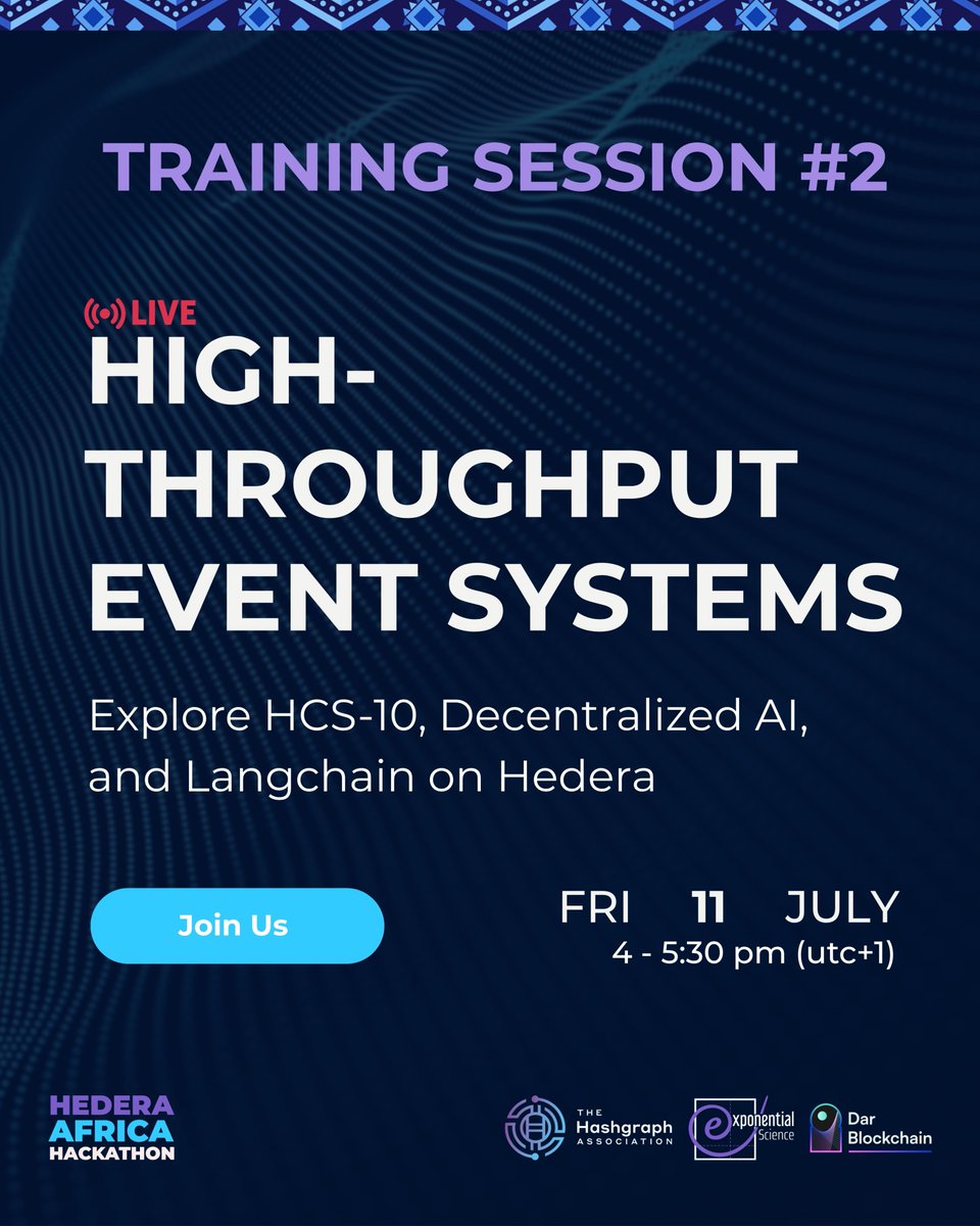Hedera_Hacks's tweet image. ⌛️This Friday Training: High-Throughput Event Systems
We're diving into HCS-10, Decentralized AI, and Langchain on @hedera!
👉🏽Build event emitters, dashboards, and run a Decentralized AI agent (MOONscap).
▶️Training session here: discord.gg/YHtPYNCHv8
#HederaAfricaHackathon