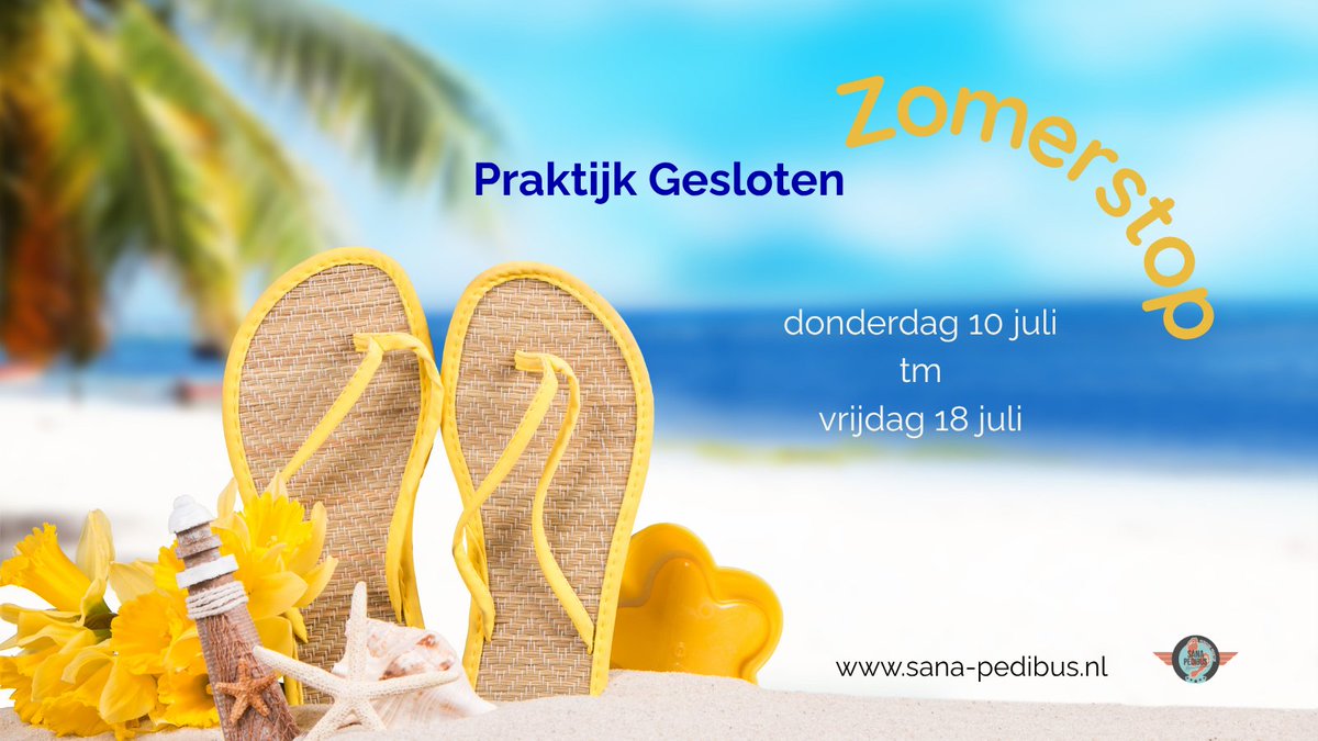 sanapedibus's tweet photo. ☀️ Zomerstop – Even een korte break!

Van donderdag 10 juli t/m vrijdag 18 juli is Pedicurepraktijk Sana Pedibus gesloten voor een welverdiende zomerstop.

💬 Berichten (WhatsApp, Messenger, contactformulier en telefoon) beantwoorden we weer vanaf maandag 21 juli.

 SanaPedibus https://t.co/xspLvdVWKs