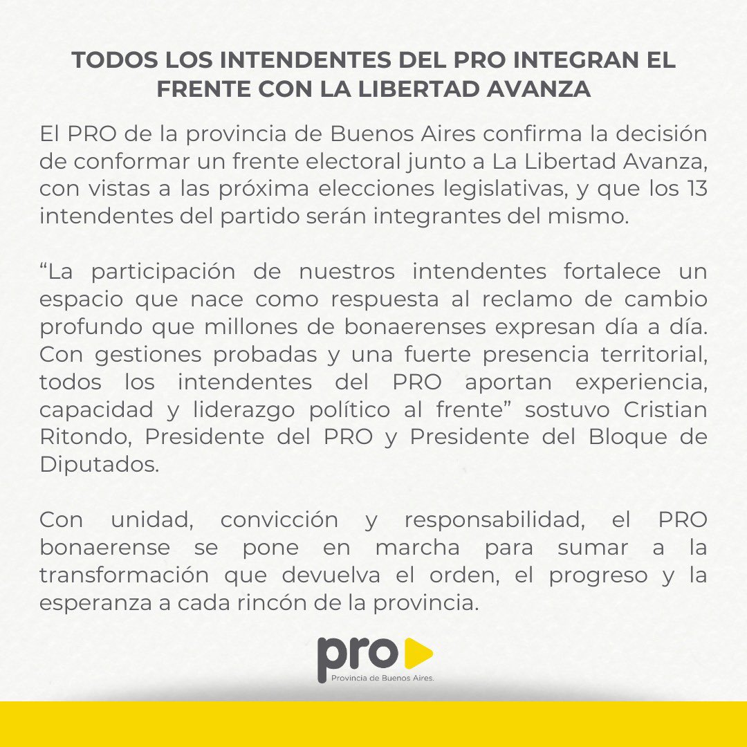 Todos los intendentes del PRO integran el frente con La Libertad Avanza.
