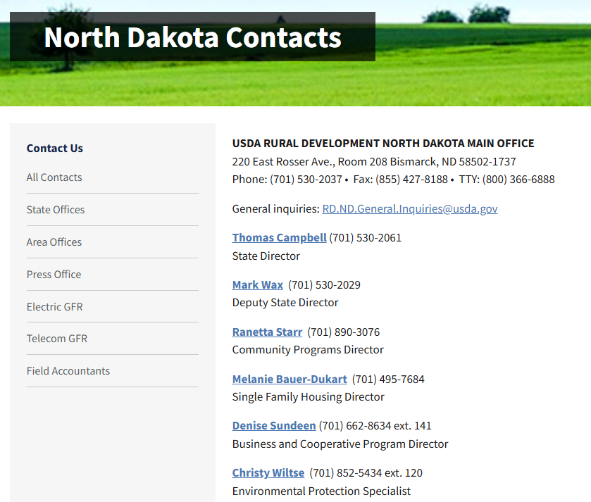 With offices in Bismarck, Devils Lake, Minot, Valley City, and Dickinson, <a href="/usdard/">Rural Development</a> in North Dakota has staff ready to answer your questions and help bring your projects to life. Visit rd.usda.gov/nd/north-dakot… find the contact info for the office closest to you.