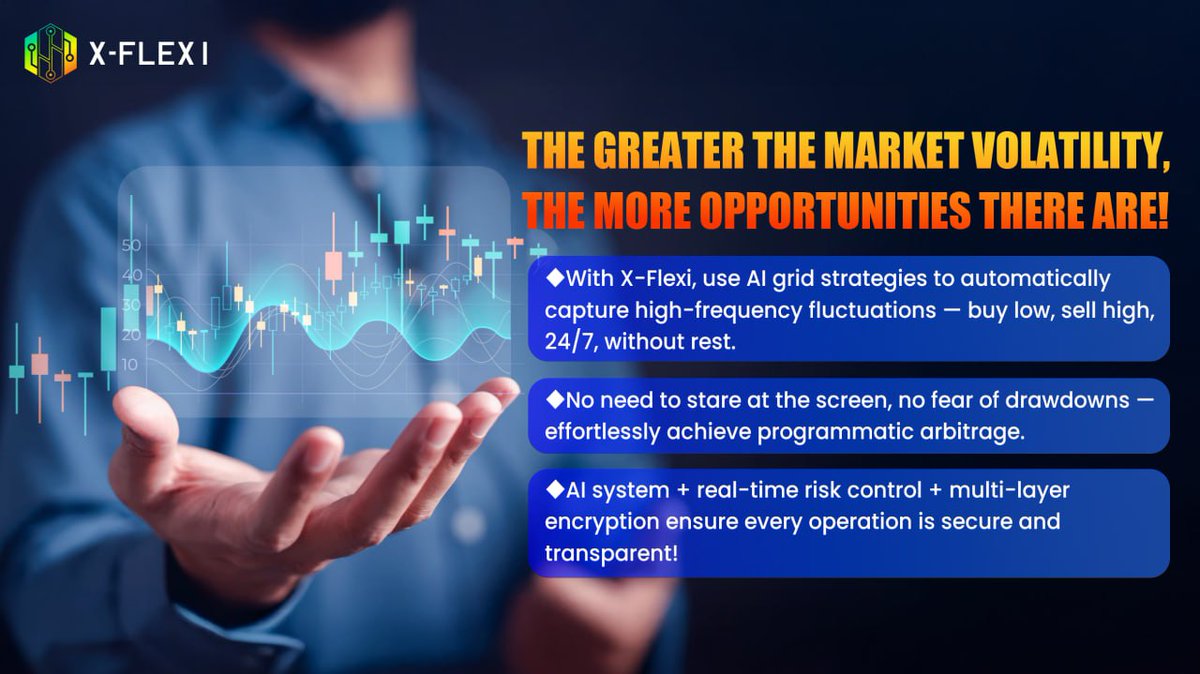 X_Flexi's tweet photo. X-FLEXI: “The greater the volatility, the more opportunities”
AI-powered grid strategy that runs 24/7
No lock-ups, real-time risk control, full transparency
Let your capital grow — even while you sleep
#XFlexi #Crypto #AITrading https://t.co/uwHs8VQAL3