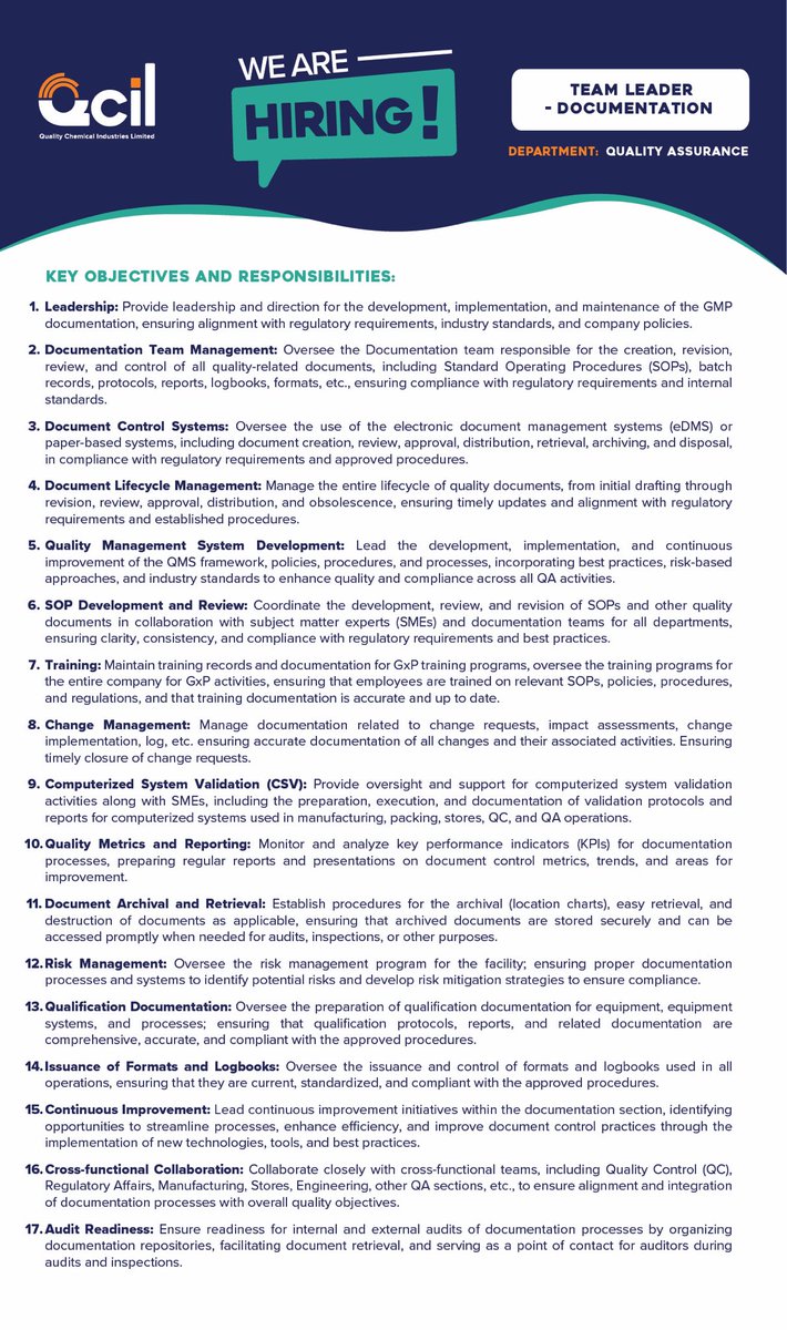 qcil_uganda2's tweet image. We seek a dynamic, experienced, dedicated individual to lead our Documentation Team.
Position: Team Leader – Documentation
Deadline: Tuesday, 15th July 2025
🔍 For more information, visit: qcil.com/careers/vacanc…
#QcilCareers
#LifeAfterWell
#KeepingAfricaAlive