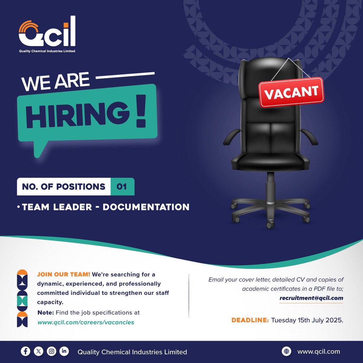 qcil_uganda2's tweet image. We seek a dynamic, experienced, dedicated individual to lead our Documentation Team.
Position: Team Leader – Documentation
Deadline: Tuesday, 15th July 2025
🔍 For more information, visit: qcil.com/careers/vacanc…
#QcilCareers
#LifeAfterWell
#KeepingAfricaAlive