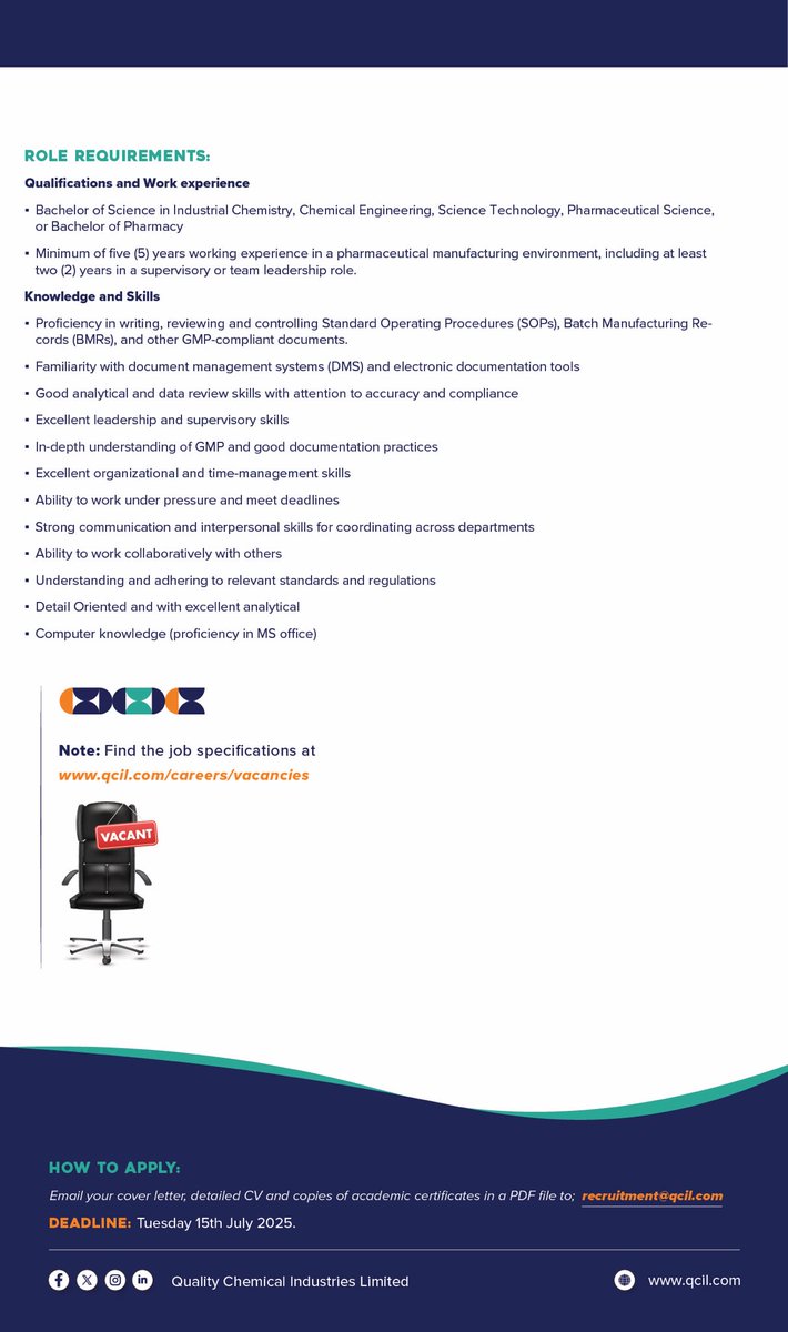 qcil_uganda2's tweet image. We seek a dynamic, experienced, dedicated individual to lead our Documentation Team.
Position: Team Leader – Documentation
Deadline: Tuesday, 15th July 2025
🔍 For more information, visit: qcil.com/careers/vacanc…
#QcilCareers
#LifeAfterWell
#KeepingAfricaAlive