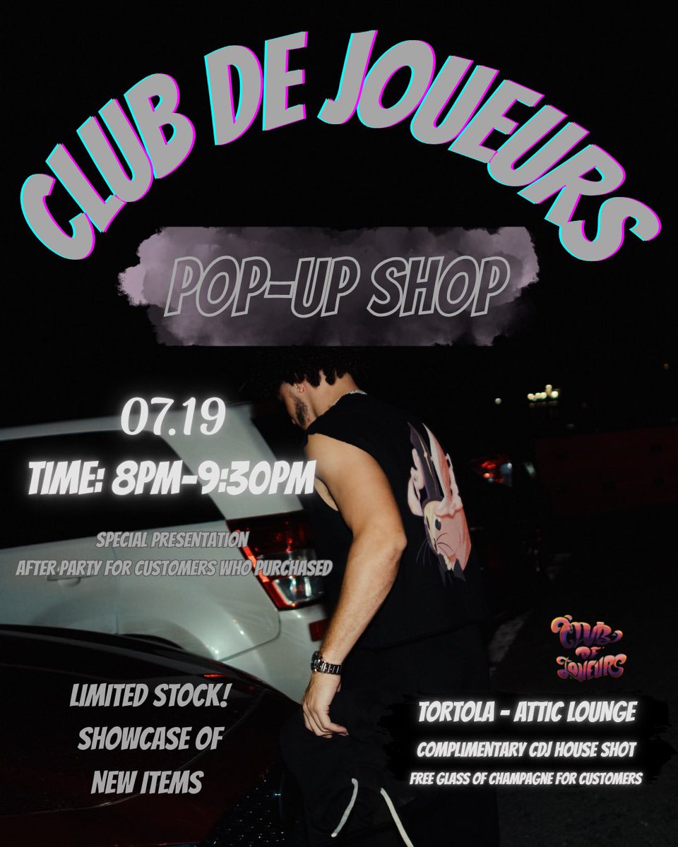 rg4vi's tweet photo. 🚨POP-UP ALERT 🚨 
Club De Joueurs is taking over Attic Lounge at Pier Park in the British Virgin Islands!

🛒 Pull up for:
✅Limited pieces
✅Big vibes
📸Photo Gallery
🎉 Yes, there will be an after party

📍 Attic Lounge - Pier Park
🗓️ July 19 at 8pm-9:30pm
💬 Tell a friend https://t.co/aQmqymGkMY