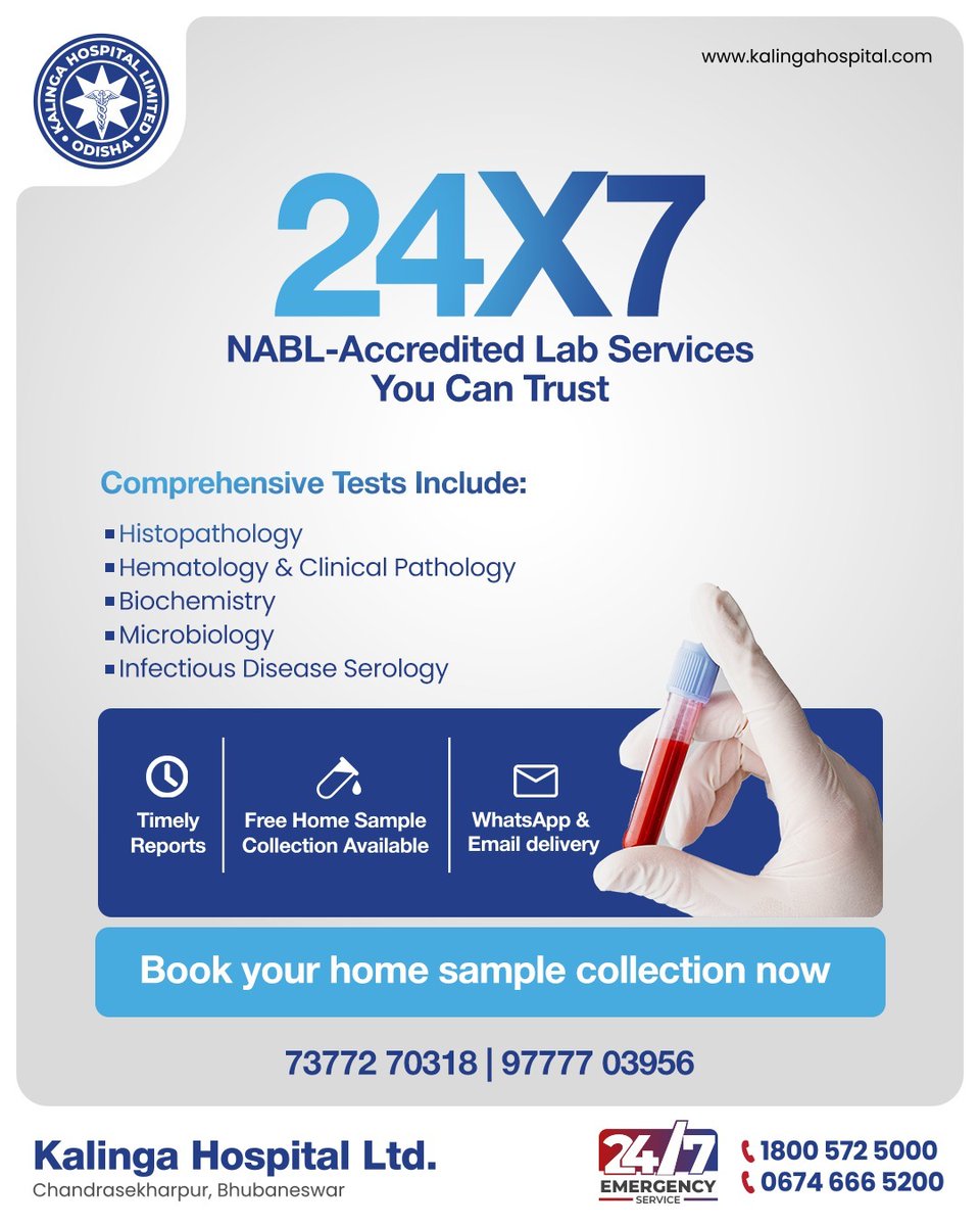 HospitalKalinga's tweet image. Get 24x7 NABL-accredited lab tests from Kalinga Hospital!
✅ Free home sample collection
✅ Reports via WhatsApp/email
Accurate, timely &amp;amp; trusted diagnostics.
📞 73772 70318 | 97777 03956
🌐 kalingahospital.com

#LabTestAtHome #KalingaHospital #24x7Lab #Bhubaneswar #Pathology
