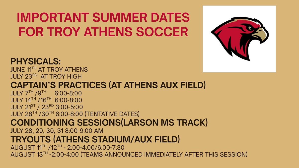 Attention Boys Soccer Players. Captain's Practice tonight from 6:00-8:00 on the aux. field. These are open to all those interested in trying out this fall.

#GoHawks