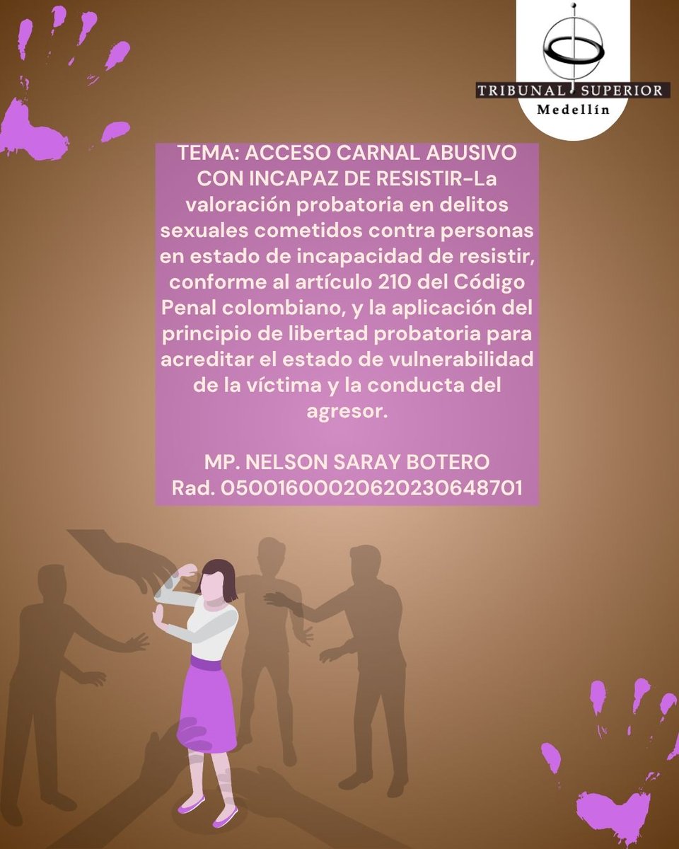 TEMA: ACCESO CARNAL ABUSIVO CON INCAPAZ DE RESISTIR
MP. NELSON SARAY BOTERO 
Rad. 05001600020620230648701 
Sala Penal 
Descarga la providencia a través del QR que se encuentra en la imagen de nuestro Instagram
@tribsupmed instagram.com/p/DL4z3iHOiBs/…
