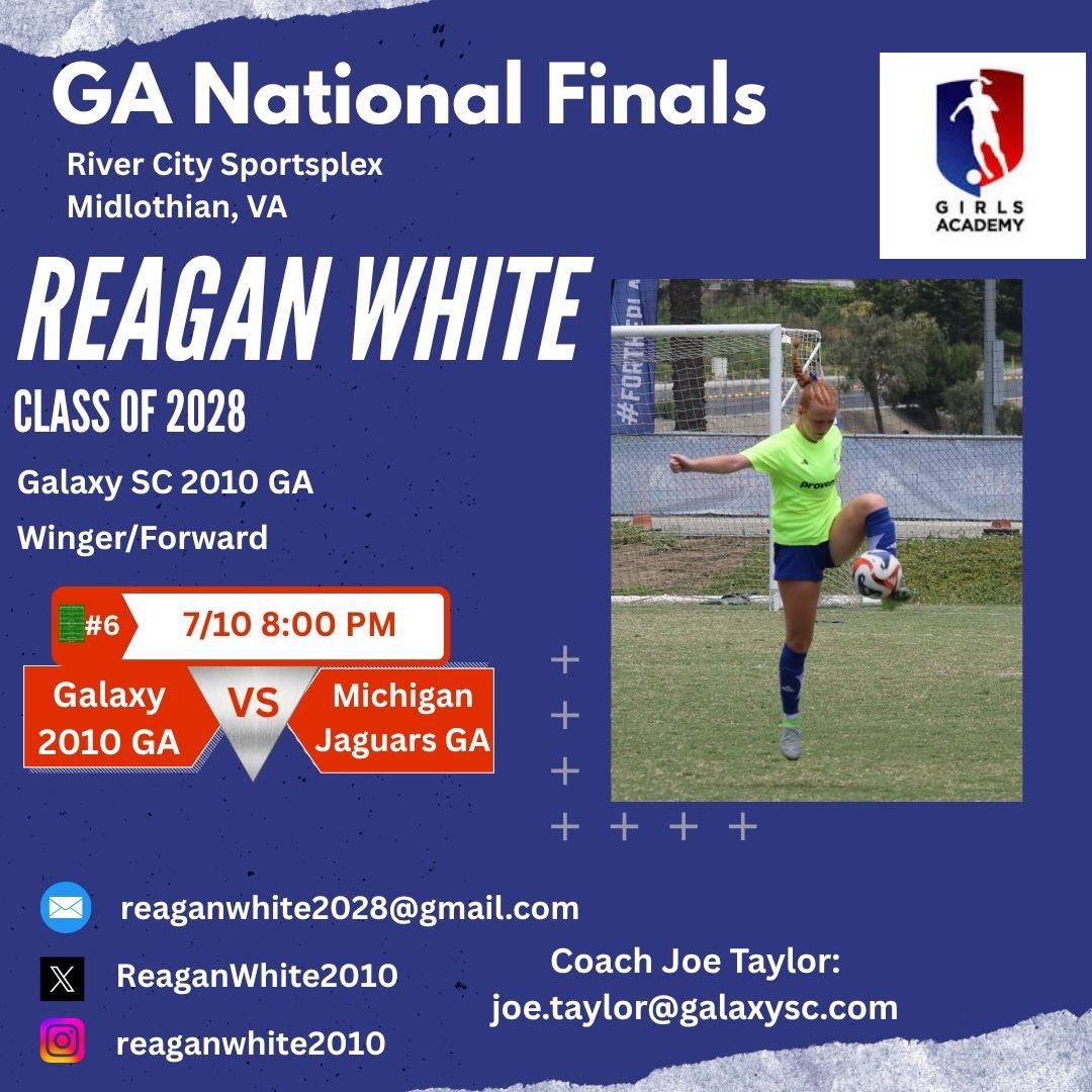 Reagan White (@reaganwhite2010) on Twitter photo Can’t wait to head back to Richmond this week!! Cone watch our first game (quarterfinals) this Thursday against Michigan Jaguars at 8:00 PM on field 6. <a href="/TopDrawerSoccer/">TopDrawerSoccer</a> <a href="/GalaxySCIL/">Galaxy Soccer Club</a> <a href="/Galaxy2010GA/">Galaxy GA 2010 Girls</a> <a href="/GAcademyLeague/">Girls Academy</a> <a href="/ImYouthSoccer/">ECNL/GA/Recruiting/College Soccer</a> Can’t wait to head back to Richmond this week!! Cone watch our first game (quarterfinals) this Thursday against Michigan Jaguars at 8:00 PM on field 6. <a href="/TopDrawerSoccer/">TopDrawerSoccer</a> <a href="/GalaxySCIL/">Galaxy Soccer Club</a> <a href="/Galaxy2010GA/">Galaxy GA 2010 Girls</a> <a href="/GAcademyLeague/">Girls Academy</a> <a href="/ImYouthSoccer/">ECNL/GA/Recruiting/College Soccer</a>