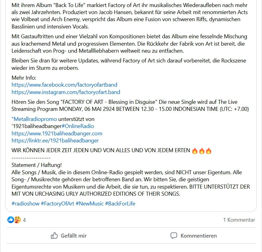 Factory of Art (@factory_of_art) on Twitter photo Vielen Dank 1921 BaliHeadbanger Online Radio
<a href="/1921BHOR/">1921 BaliHeadbanger Online Radio</a>!!
Factory of Art, the legendary German rock band .... prepares to take the rock scene by storm once again. Viele Grüße nach Bali 🤘
<a href="/ArtistRTweeters/">Artist RTs</a> #factoryofart #backtolife #MetalHead #Metalheads #heavy #HeavyMetal Vielen Dank 1921 BaliHeadbanger Online Radio
<a href="/1921BHOR/">1921 BaliHeadbanger Online Radio</a>!!
Factory of Art, the legendary German rock band .... prepares to take the rock scene by storm once again. Viele Grüße nach Bali 🤘
<a href="/ArtistRTweeters/">Artist RTs</a> #factoryofart #backtolife #MetalHead #Metalheads #heavy #HeavyMetal