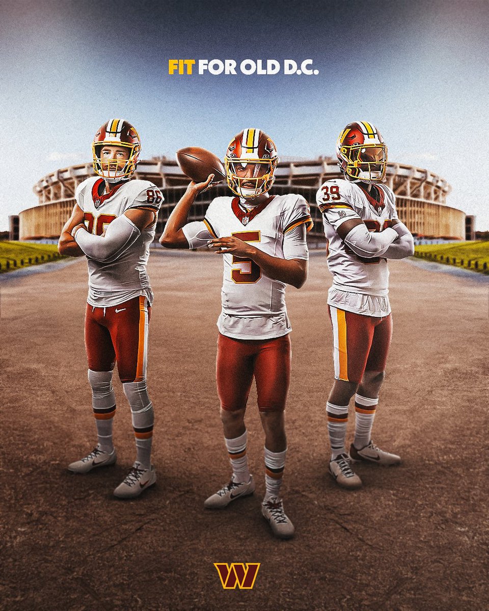 Graphic. The center features photos of Zach Ertz, Jayden Daniels and Jeremy Reaves in our new alternate uniforms. The helmets are burgundy and have the Commanders logo on the side and three stripes down the center. The jersey is white and has burgundy and gold stripes on the sleeve. The pants are burgundy and have gold and white stripes down the sides. The socks are white and have a burgundy and gold stripe. The background of the graphic is RFK Stadium. The top says “Fit for Old D.C."