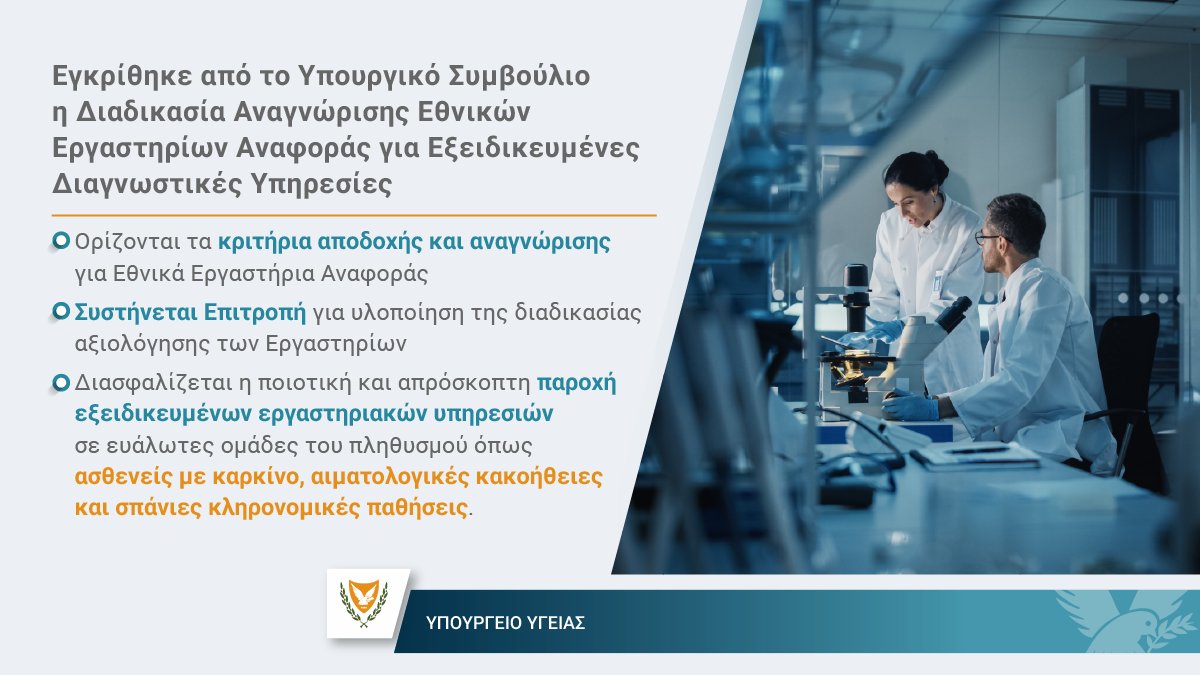 MichaelDamianos's tweet image. Με απόφαση του Υπουργικού Συμβουλίου, θέτουμε για πρώτη φορά πλαίσιο για την αναγνώριση Εθνικών Εργαστηρίων Αναφοράς σε κρίσιμους τομείς της ιατρικής διάγνωσης.

🔹 Διασφαλίζεται η ποιοτική και απρόσκοπτη παροχή εξειδικευμένων εργαστηριακών υπηρεσιών σε ευάλωτες ομάδες του…